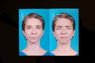Coralie Vogelaar, Happy (49%) publication of 368 pages with randomized generated facial expressions analyzed by emotion recognition software. 95x150mm, full color printed. hand bound. --> artist edition