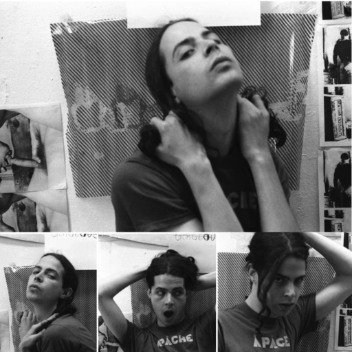 Sands Murray-Wassink, Identity Shots or Before Robin, After Hannah Wilke (1995). Edition of 60 performalist self-portraits self-shot by the artist and archivally stored with floral silk textile. Black and white photoprints; 30.5 × 20 cm each.