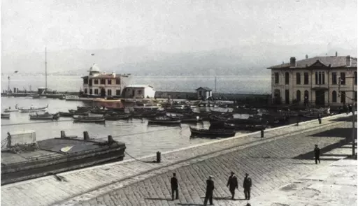 An old postcard showing the Passport Pier in Izmir, Turkey.