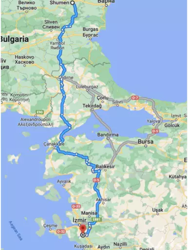 Possible routes from Shumen to Edirne to Pancar village in Izmir/Smyrna.